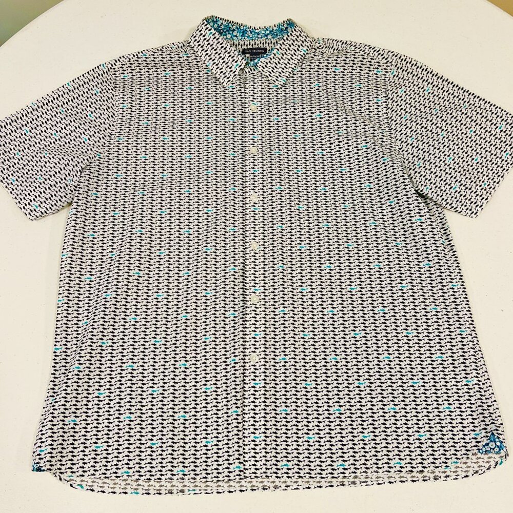Van Heusen Short Sleeve Button Up Shirt XL 17-17.5 Shark Fish Print - White Blue - Picture 2 of 6